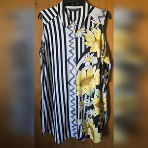 Tango Mango Sunflower & Stripe Button-Front Women’s Dress - Yellow/Black/White